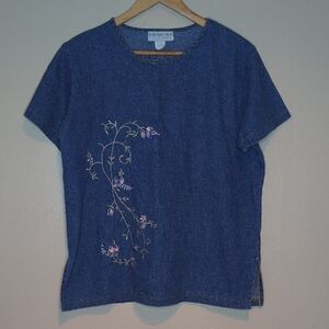 Vintage Short Sleeve Embroidered Denim Blouse